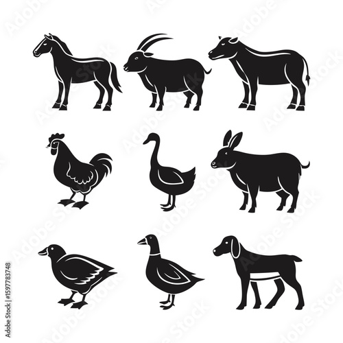 Collection of farm animals silhouettes isolated on white background