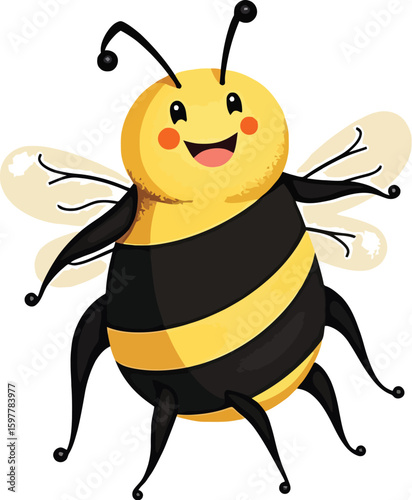 Vector art of a friendly cartoon bee with its legs extended smiles widely, isolated on white background