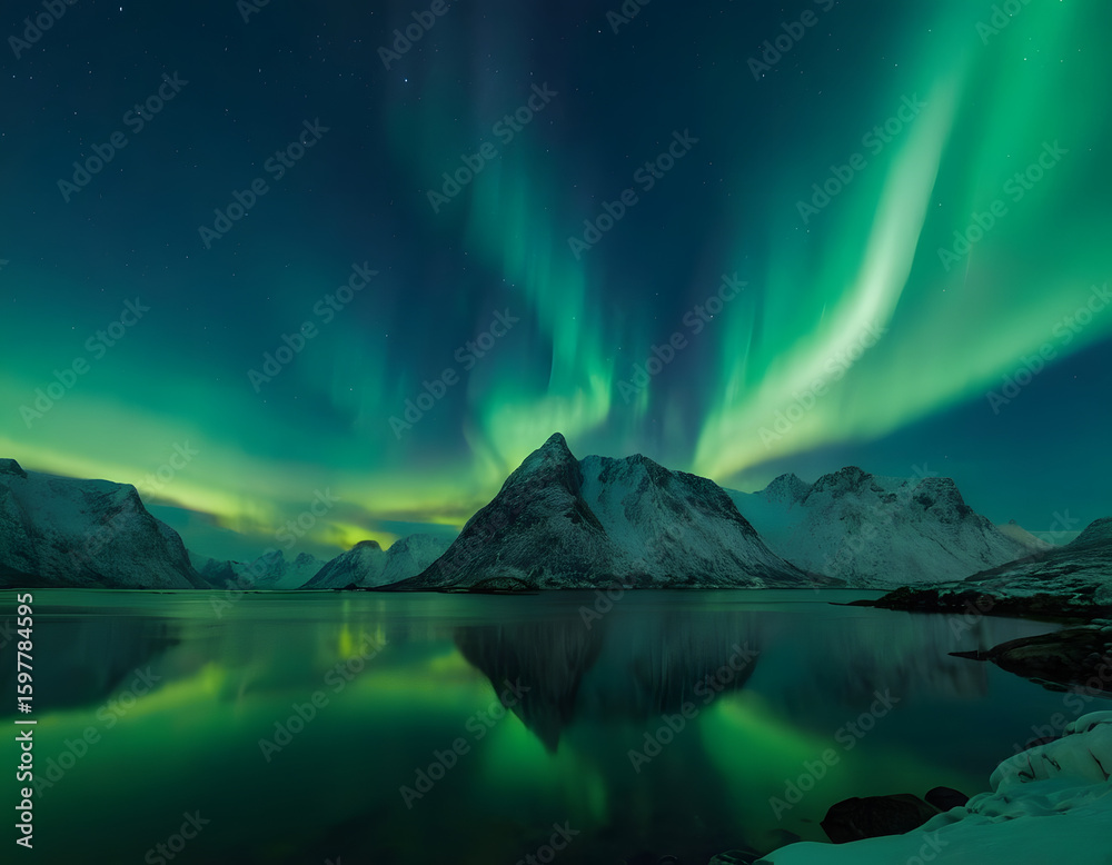 Naklejka premium night sky fantasy background wallpaper, Aurora borealis on the Lofoten islands, Norway. Night sky with polar lights. Night winter landscape with aurora and reflection on the water surface. Natural bac
