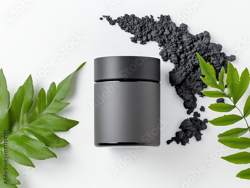 A detoxifying acne mask jar surrounded by volcanic ash