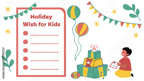 A cheerful young boy is kneeling and writing on a clipboard next to a stack of colorful gift boxes and balloons preparing his holiday wish list