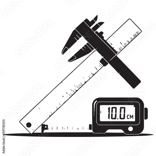 A vector illustration of a set of isolated metallic measurement tools including calipers, a ruler, and a micrometer for engineering and construction work