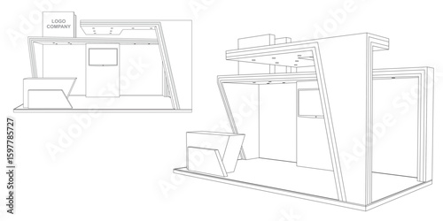 3d stand booth 6x3m digital futuristic decor design syle with blank space logo company and TV screen for preview event exhibition. Vector editable sketch outline drawing coloring.