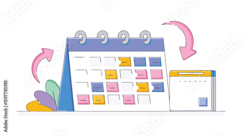 Illustration of a calendar with colorful blocks and arrows indicating time passing and scheduling
