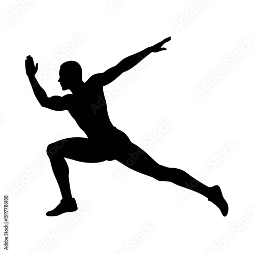 Athletic man leaping forward in dynamic lunge position silhouette Art Vector illustration