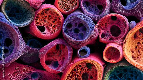 A vibrant macroscopic view of colorful, hollow structures resembling sponges, showcasing intricate patterns and textures.