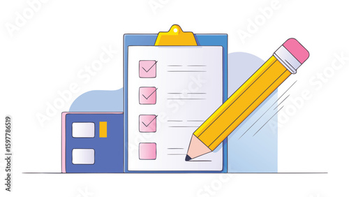 An illustration of a clipboard with checkmarks and a pencil writing on the document page here