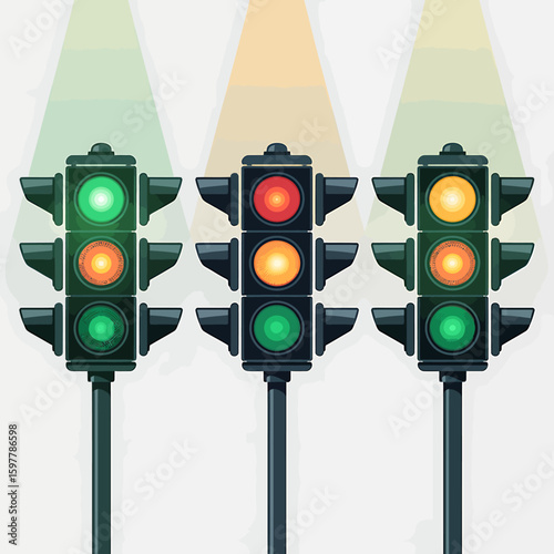 Three-Phase Traffic Flow A Clean Digital Illustration of Traffic Signals with Green, Yellow, and Red lights