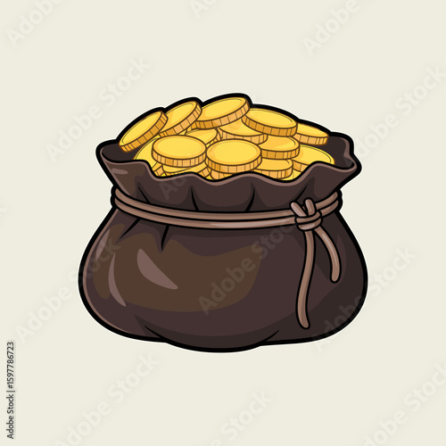 Wealth Depiction  A Digital Illustration of a Brown Bag Full of Coins, for Richness Concepts