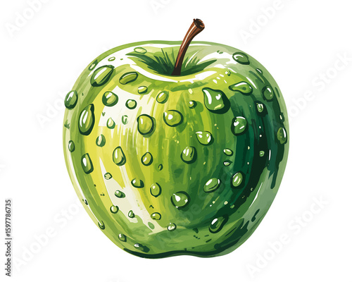 A Detailed Watercolor Illustration of a Green Apple with Water Droplets
