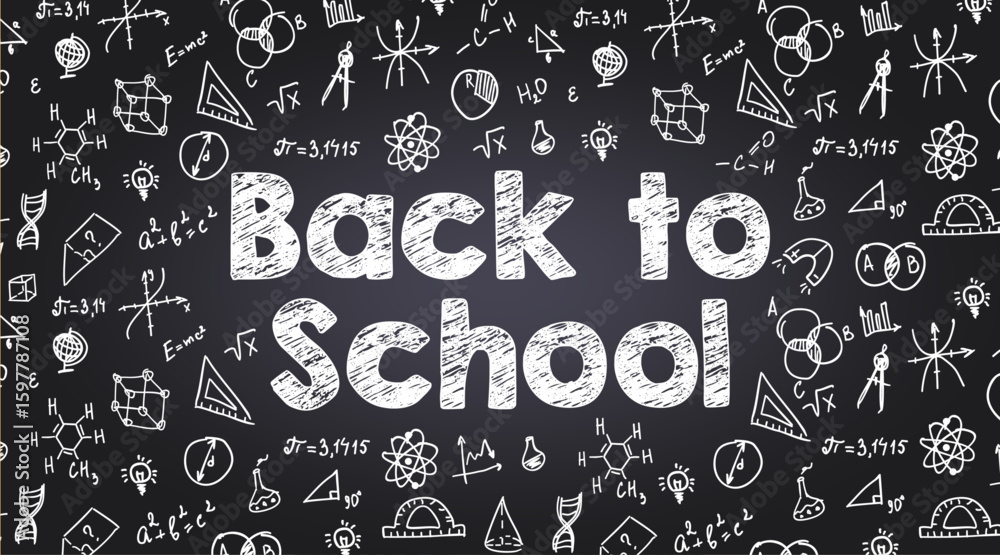 Back to school chalk style title on black chalkboard with school doodles