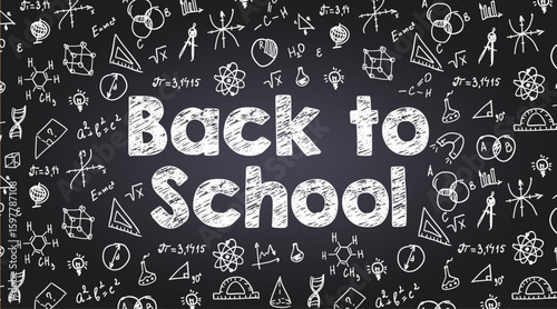 Back to school chalk style title on black chalkboard with school doodles