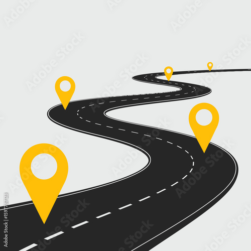 A Minimalist Digital Illustration Showcasing a Curvy Road with Location Pins for Navigation