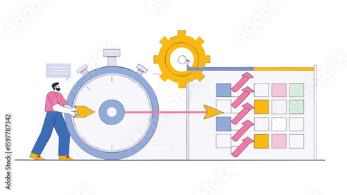 Man pushing arrow into clock towards calendar with gear above for project planning and time management