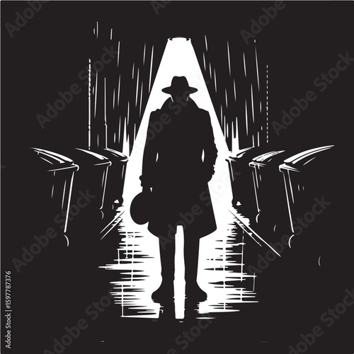 Black and white vector sketch illustration of a woman silhouette with a sword
