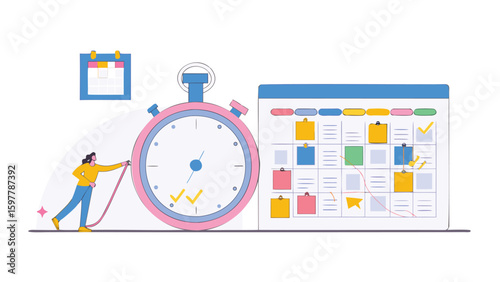 Woman pulling rope attached to a stopwatch next to a calendar with sticky notes and a small calendar