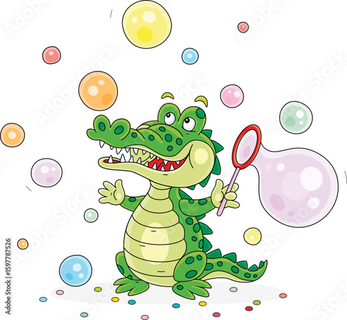 Cartoony green crocodile blowing colorful soap bubbles in a fun performance for little kids, vector cartoon illustration on a white background