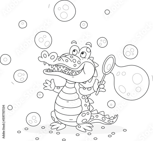 Cartoony crocodile blowing soap bubbles in a fun performance for little kids, black and white vector cartoon illustration for a coloring book