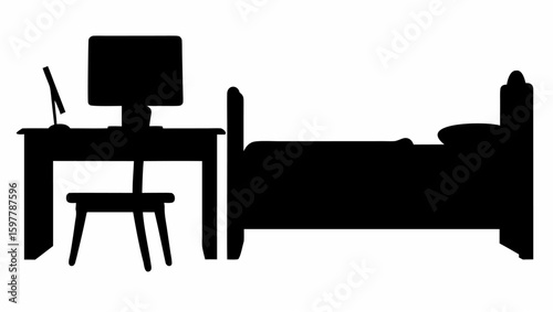 Silhouette of a bedroom setup with a bed and a desk with a computer and chair in a simple design