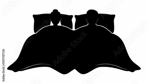 Silhouette of a couple in bed with pillows and blanket in black and white simple graphic design