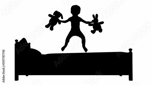Silhouette of child jumping on bed holding stuffed dog and rabbit toys in a playful bedtime scene at night