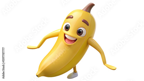 Smiling cartoon banana character with arms and legs standing cheerfully in a colorful environment