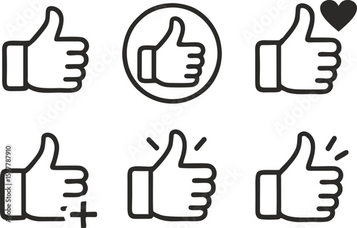 Collection of vector icons "thumbs up" (like) with heart, with plus, in circle, with accents. Suitable for application interfaces, social networks, web design, external links and user rating.