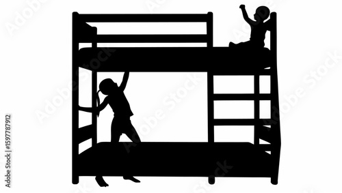 Silhouette of two children on a bunk bed one climbing and one sitting with arms raised in a playful scene