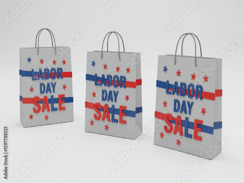 Three Labor Day Sale shopping bags on white background