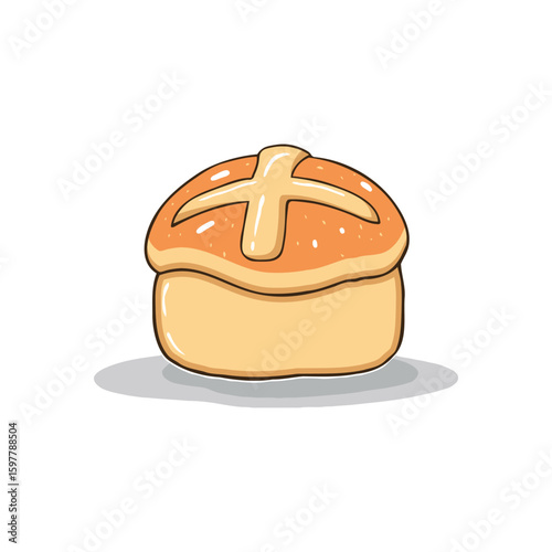 Traditional hot cross bun for Easter and Good Friday celebrations. A sweet spiced bakery pastry with a cross. Vector food illustration isolated on white