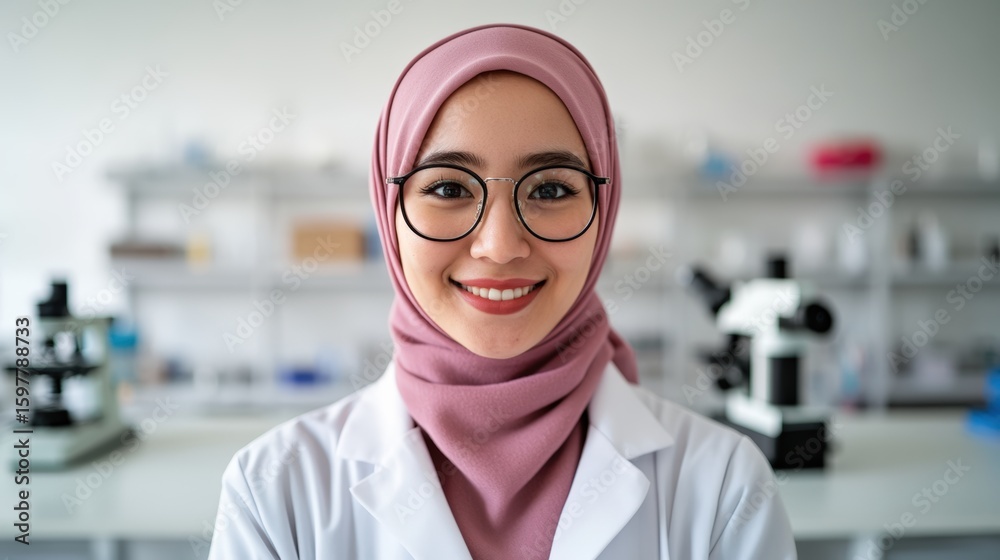 Fototapeta premium A smiling female scientist in a lab coat and hijab stands confidently in a laboratory, showcasing a welcoming and professional atmosphere, Ideal for topics related to science, research