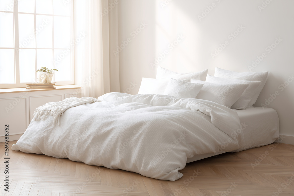 Obraz premium modern white bedroom with soft bedding and natural light from window creating cozy atmosphere