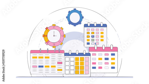 Illustration of calendars with different colors, a clock and a gear in a scheduling concept