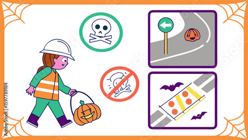 Halloween safety icons featuring a child in safety gear carrying a pumpkin and various warning signs for trick or treaters and road safety