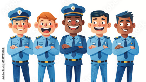 set of police officers standing confidently with arms crossed and smiling cartoon vector. Law enforcement characters, security service, uniformed personnel, isolated on white background