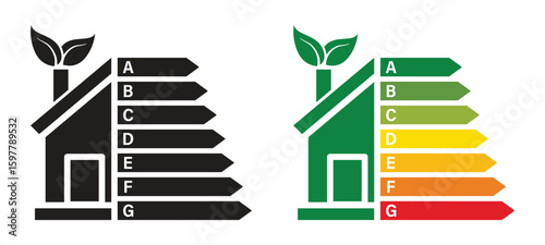 Home energy efficiency rating chart icon. Eco-friendly home energy performance mark. Vector illustration