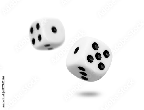 Two old dice float from roll isolated on transparent background or png file.