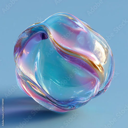 Irregular Transparent Hydrogel Ball Floating with Light Blue Background, Hyper-Realistic Style, High-Definition Rendering
