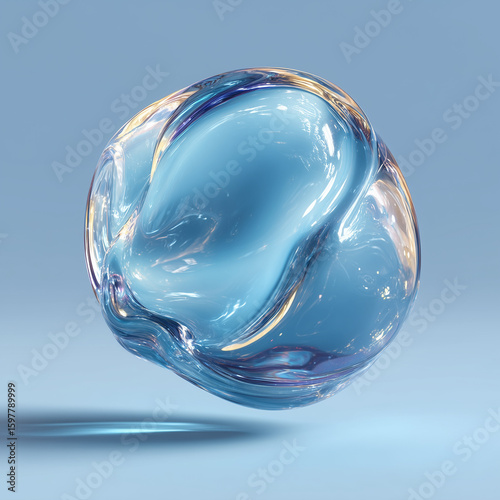 Irregular Transparent Hydrogel Ball Floating with Light Blue Background, Hyper-Realistic Style, High-Definition Rendering