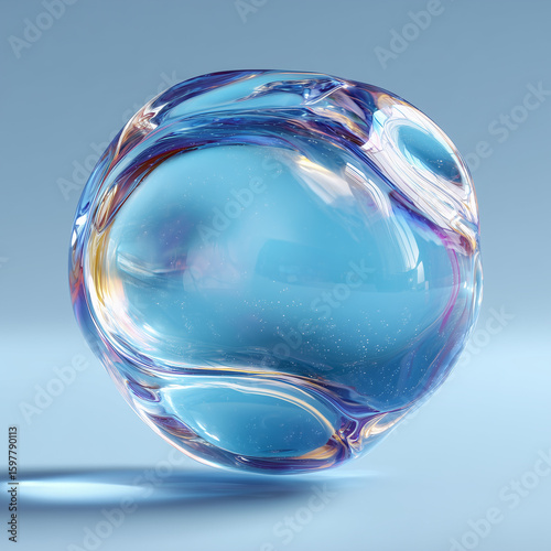 Irregular Transparent Hydrogel Ball Floating with Light Blue Background, Hyper-Realistic Style, High-Definition Rendering