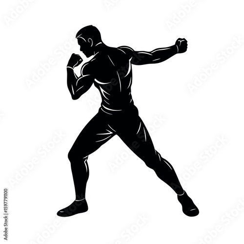Man practicing shadowboxing with intense movement silhouette Art Vector illustration