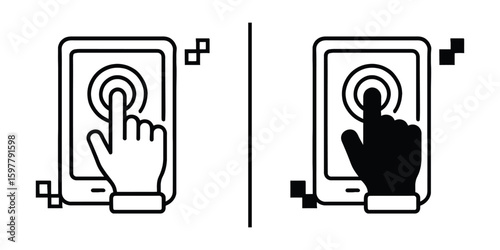 Touch Interface Digital Icon: A graphic depiction of a hand interacts with a digital tablet screen, illustrating the essence of touch and technology.
