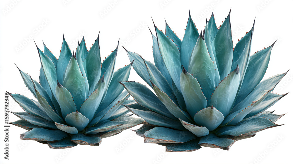 Obraz premium Two agave plants with blue green leaves and sharp points isolated on a white background showing detail