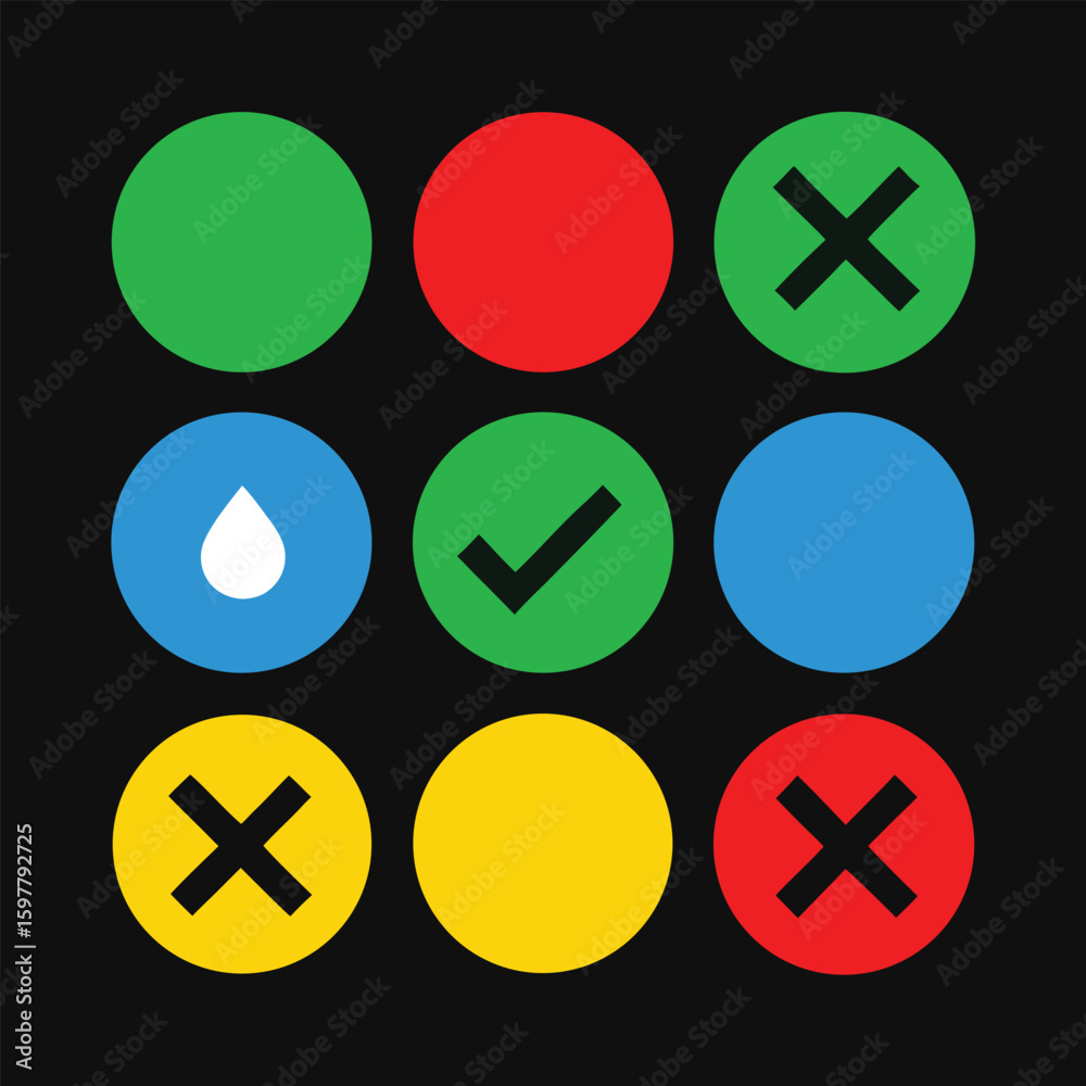 Obraz premium Nine colorful circles with icons on black background