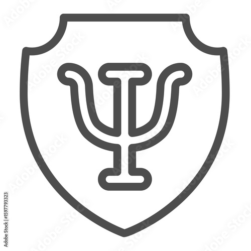 Shield with trident line icon, family therapy concept. Vector graphics. Psychiatry emblem, mental health sign on white background, outline style icon for mobile or web design.