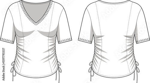 V-neck ruched top fashion sketch, floral embroidery sleeve detail, garment template layout, cad drawing flat vector illustration, stylish blouse