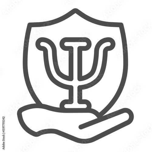 Shield with trident in hand line icon, family therapy concept. Vector graphics. Hand with psychiatry emblem, mental sign on white background, outline style icon for mobile or web design.