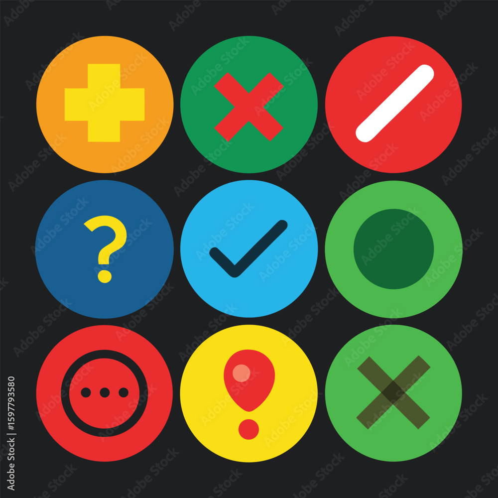 Fototapeta premium Yellow plus green cross red slash blue checkmark question mark