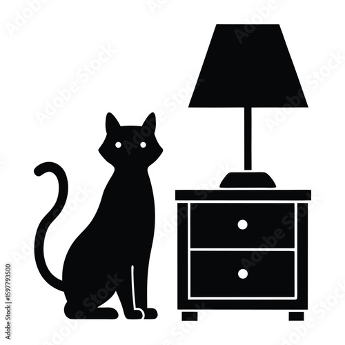 cat sitting near nightstand light silhouette vector.