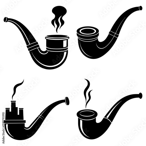 Collection of four black and white stylized smoking pipes with varying designs and smoke plumes rising up
